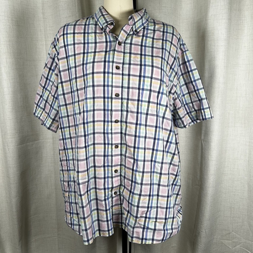 Harbor Bay HB Button‎ Up Shirt Mens 2XL Multitone Pastel Blue Pink Green Plaid